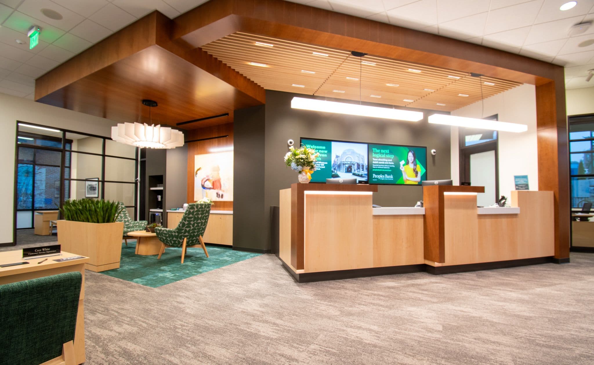 Interior of two-story banking experience in historic Farihaven.